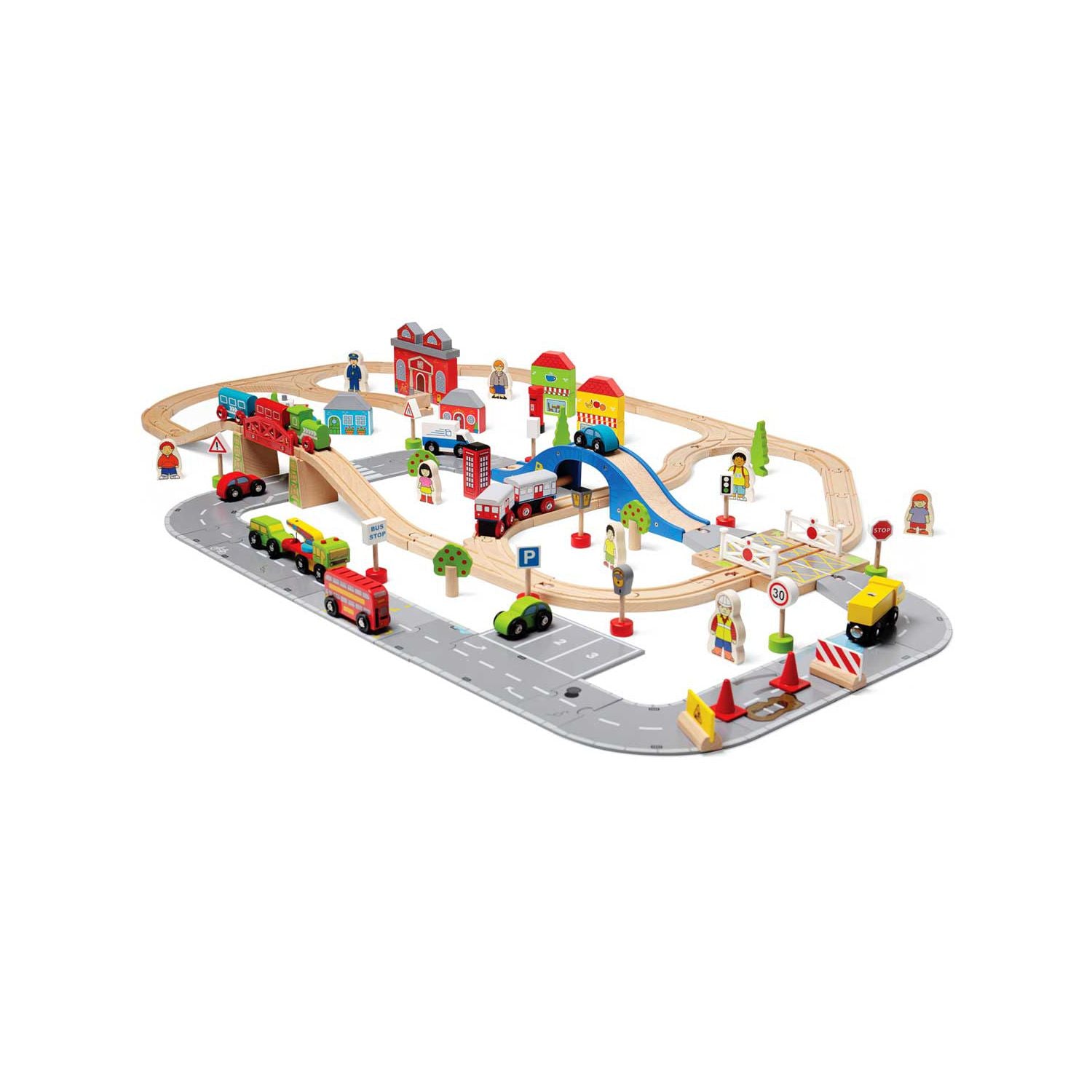 Bigjigs Rail wooden train set City Road and Railway set 105 pieces, UK version