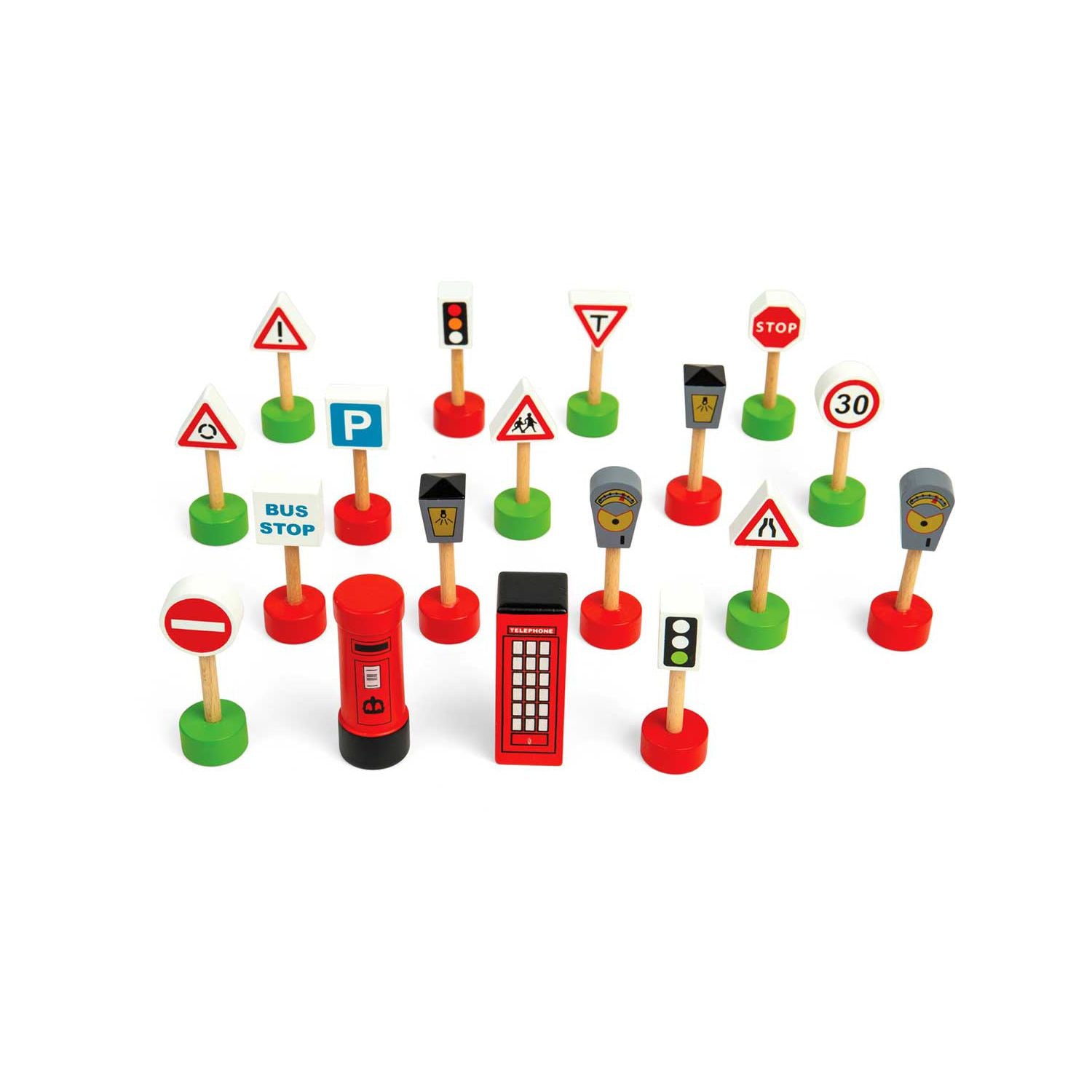 Bigjigs road signs pack 18 pieces wooden toy, imported from the UK