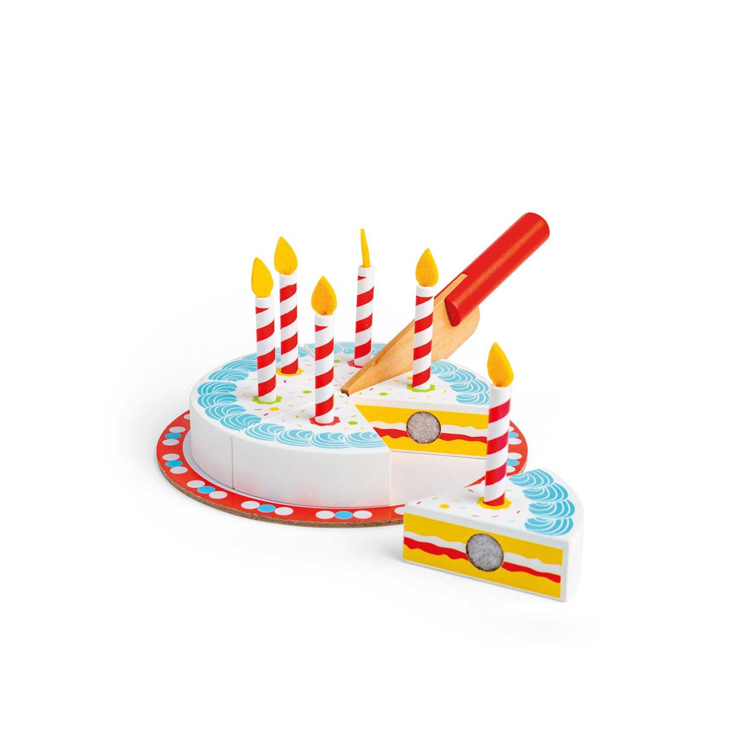Bigjigs Toys wooden birthday cake with candles and pretend knife (British brand)