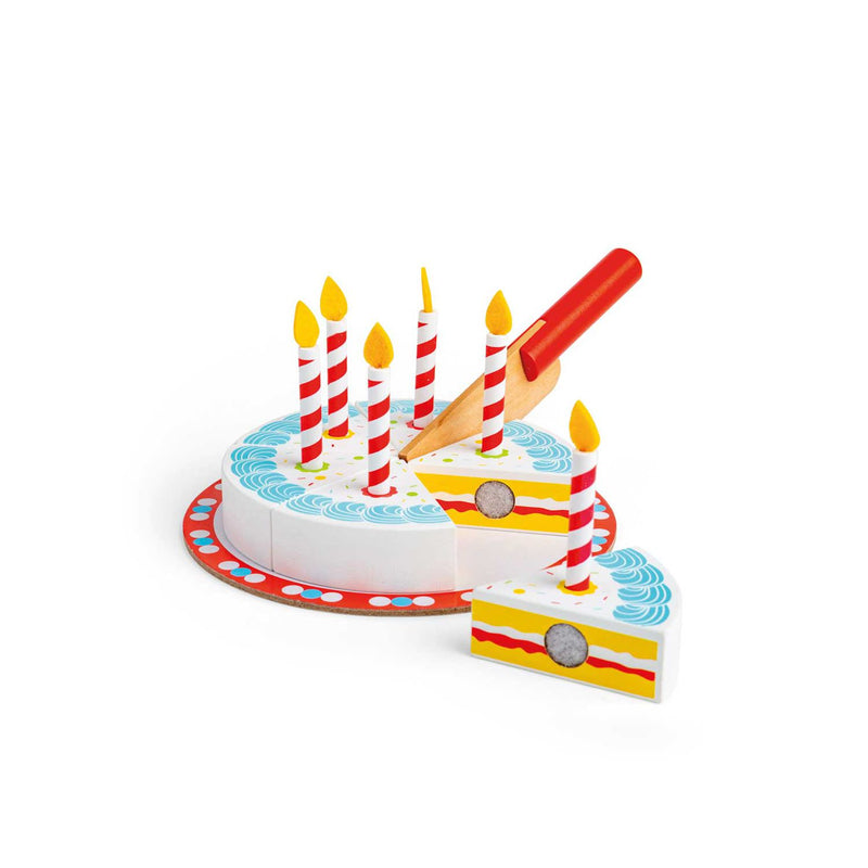 Bigjigs Toys wooden birthday cake with candles and pretend knife (British brand)
