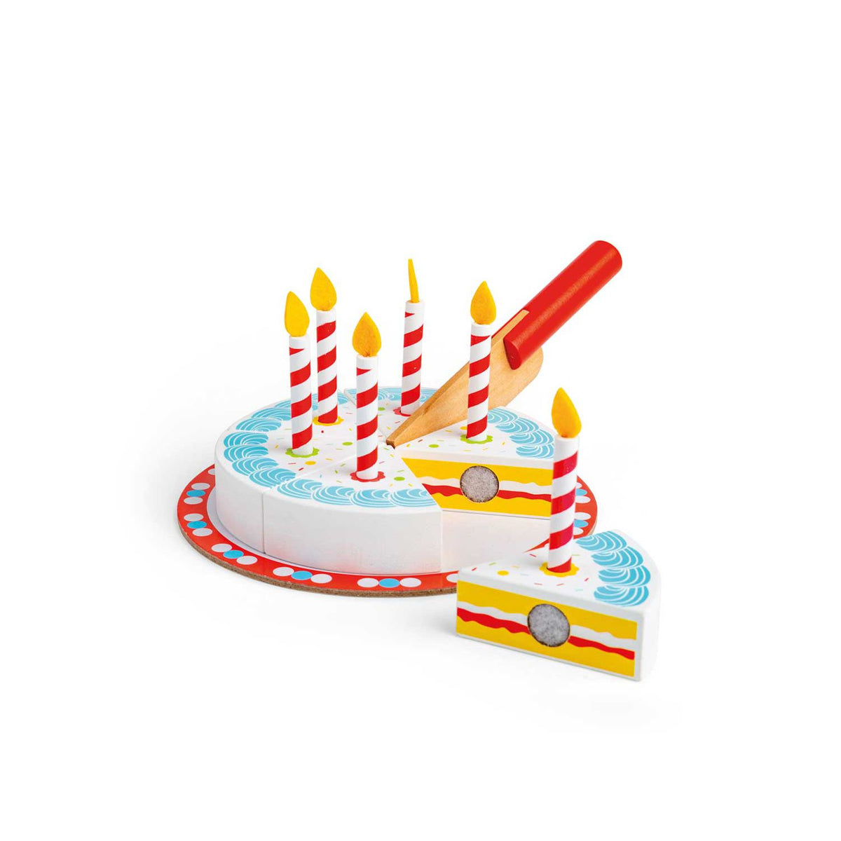 Bigjigs Toys wooden birthday cake with candles and pretend knife (British brand)