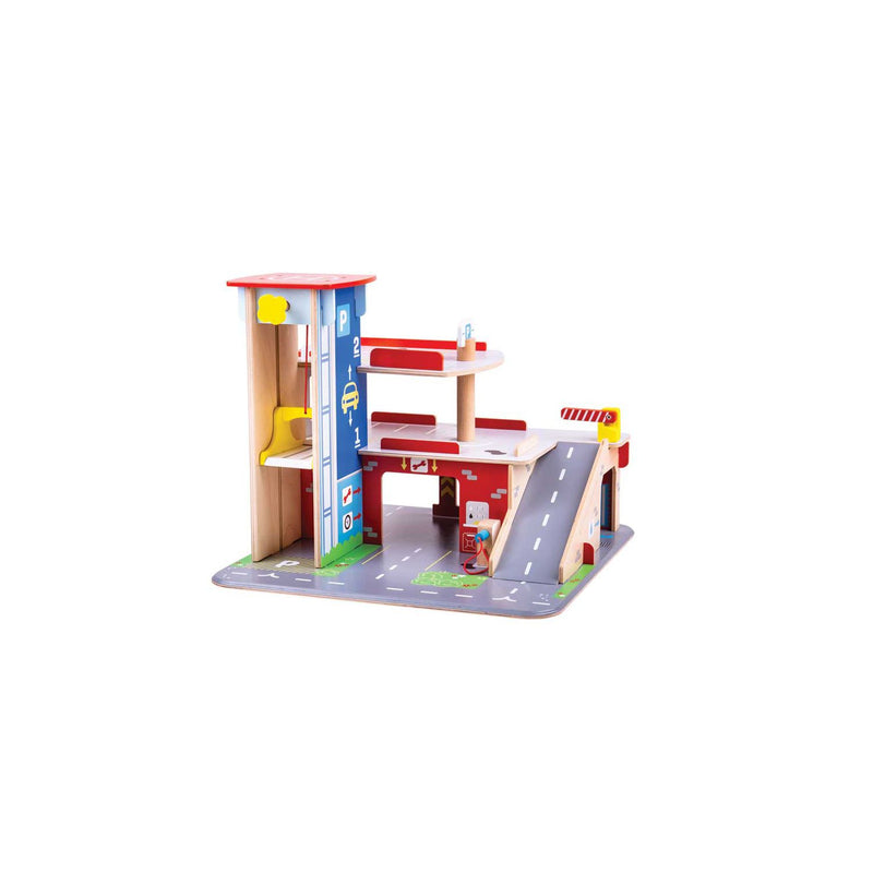 Bigjigs Toys wooden toy garage with working lift - British product