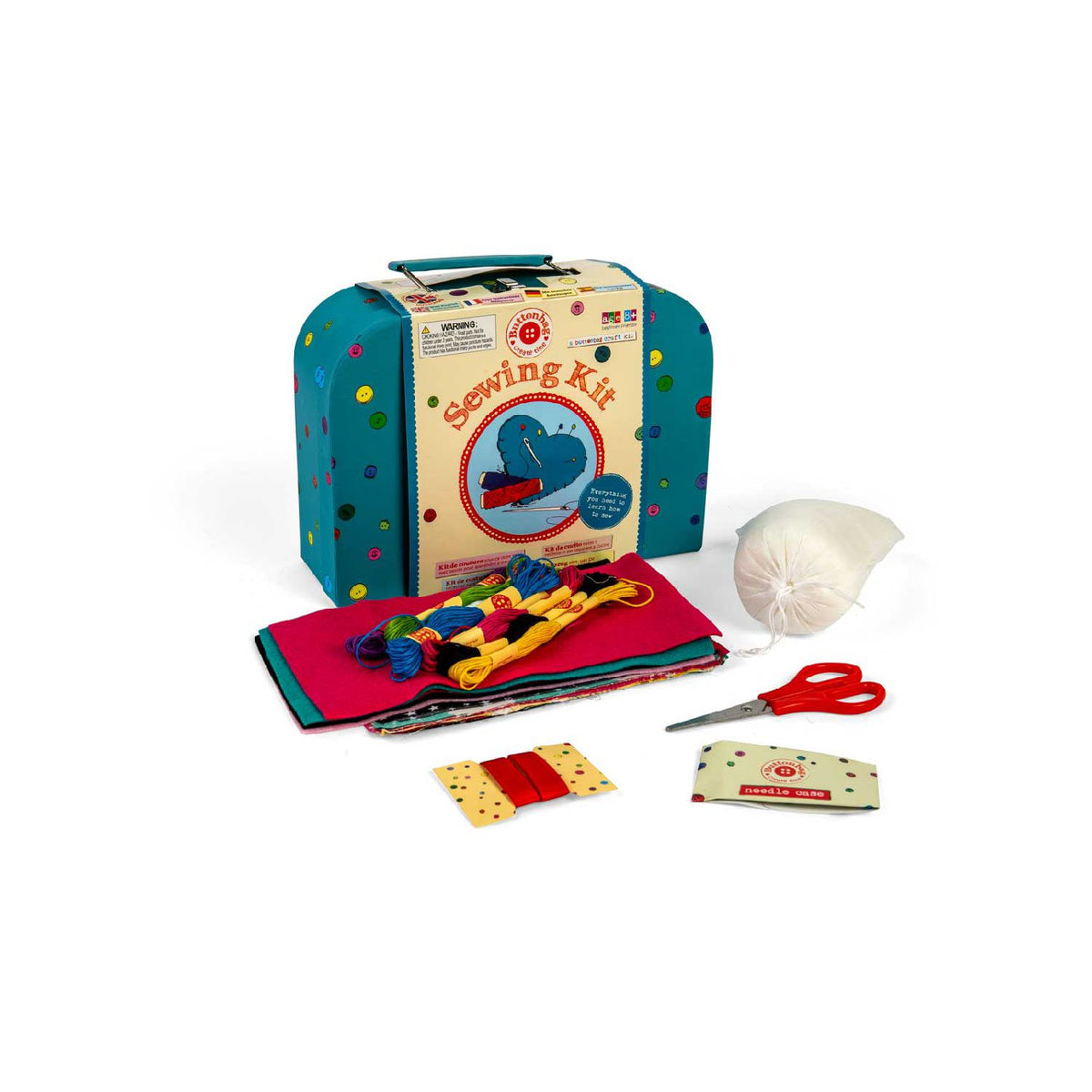 Buttonbag sewing kit with fabrics and tools (British brand)