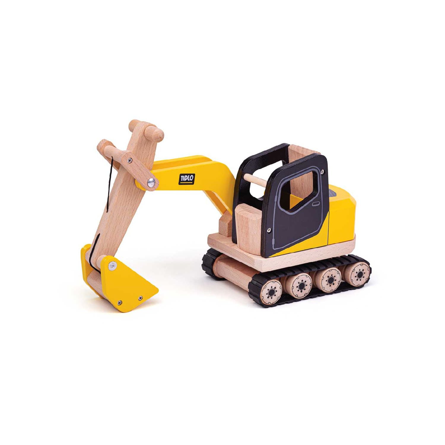 Tidlo wooden digger toy with working tracks, imported from the UK
