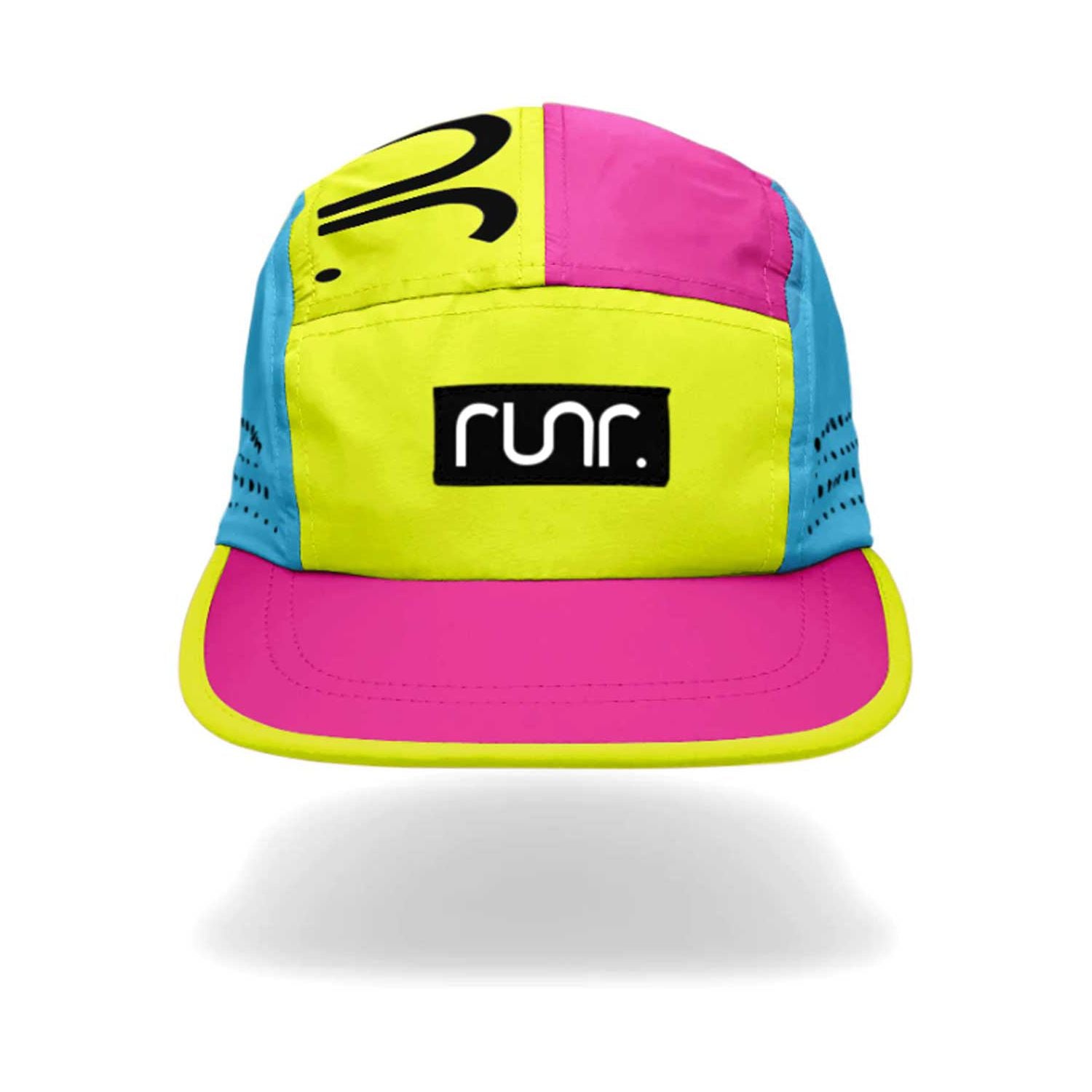 Runr Amsterdam Running Hat in vibrant yellow blue and pink (British brand)
