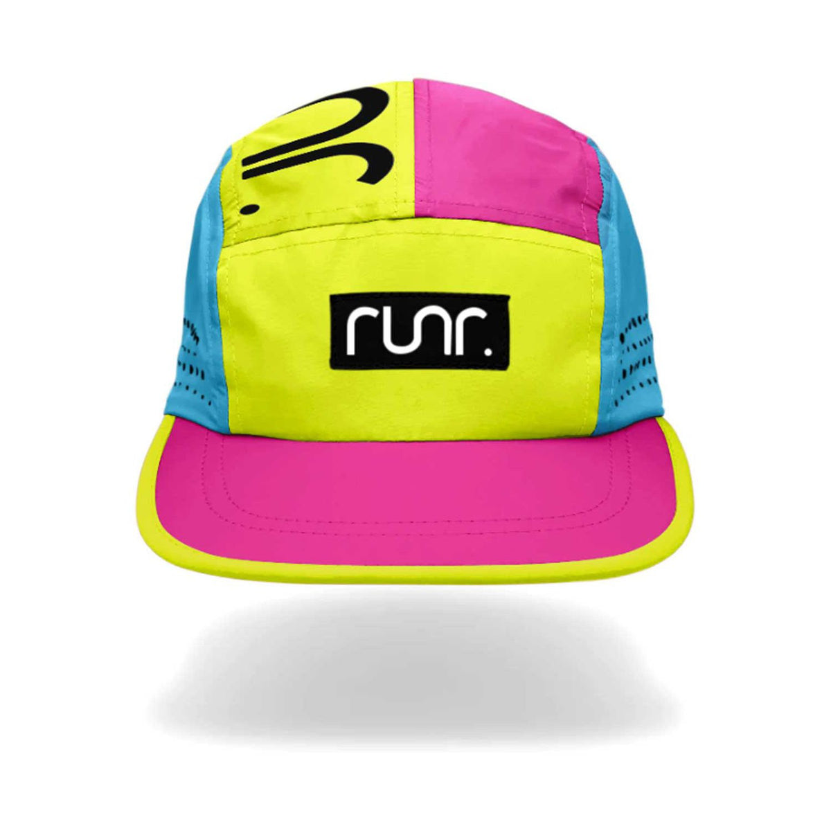 Runr Amsterdam Running Hat in vibrant yellow blue and pink (British brand)