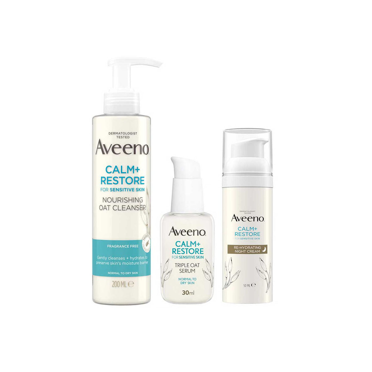 Aveeno Calm and Restore face bundle cleanser serum night cream - British product
