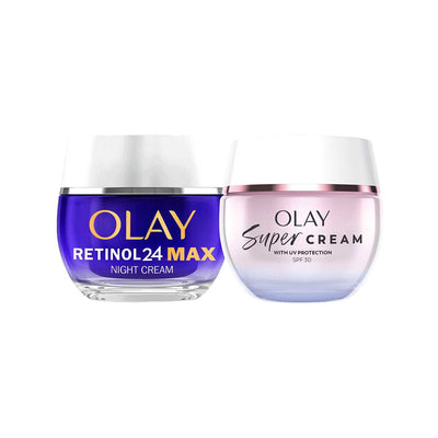Boots Olay Super Cream Face Moisturiser SPF30 and Retinol 24 Max Night Cream Bundle- Buy online at McGrocer