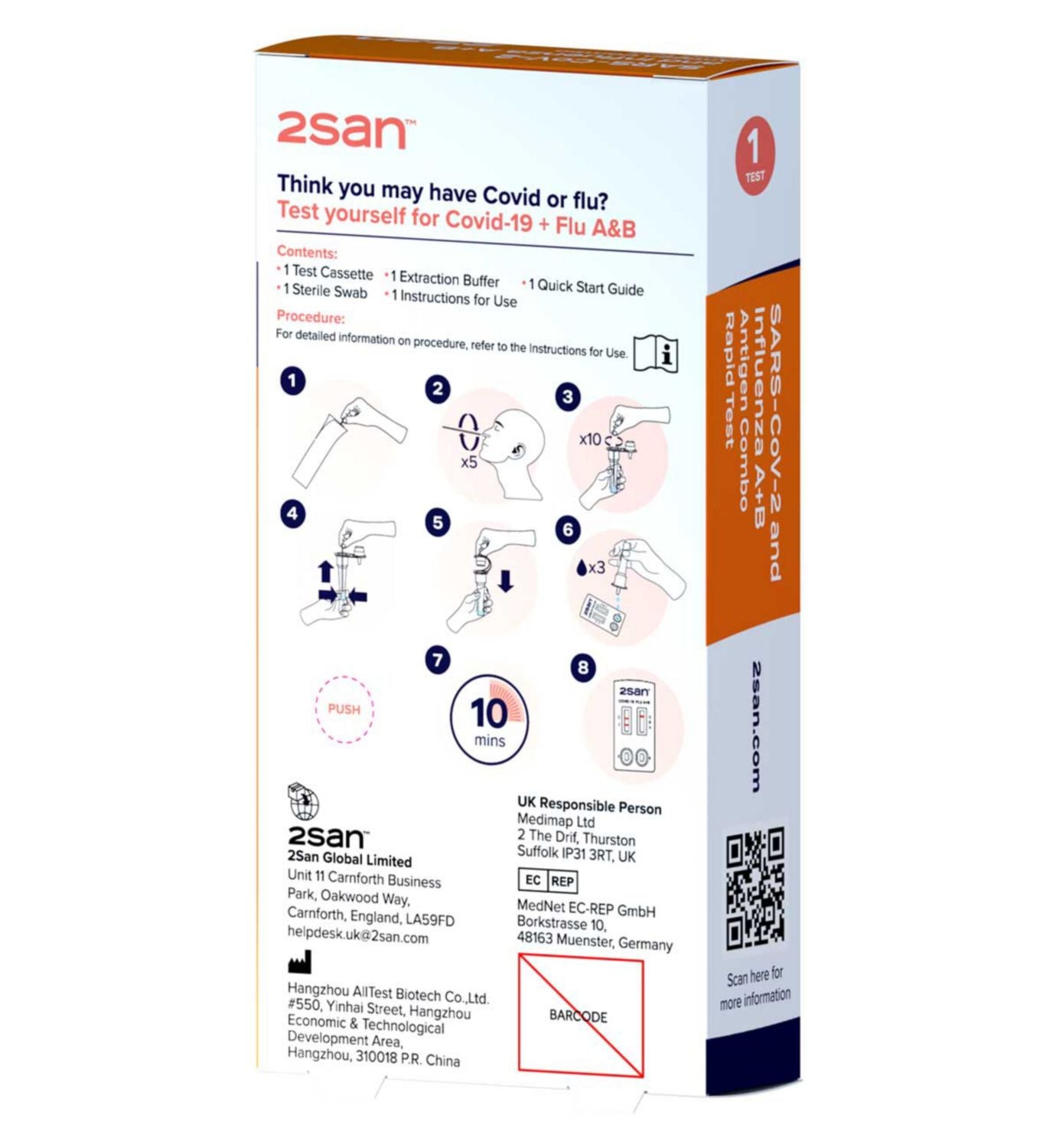 2San rapid test pack for Covid-19 and Flu A/B, UK version
