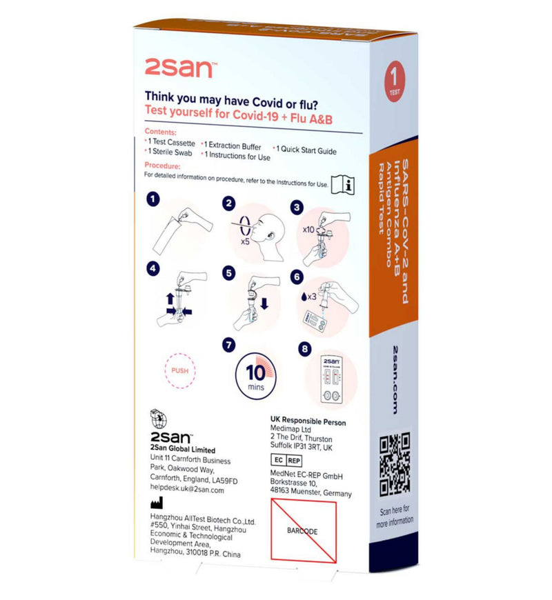 2San rapid test pack for Covid-19 and Flu A/B, UK version