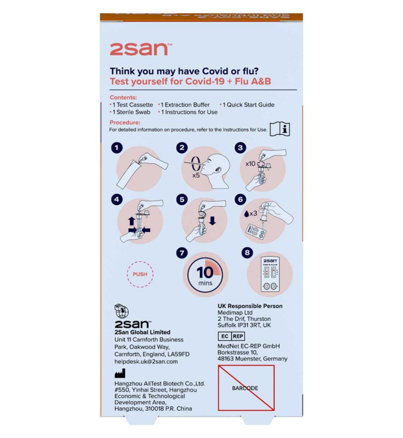 2San rapid test pack for Covid-19 and Flu A/B, UK version
