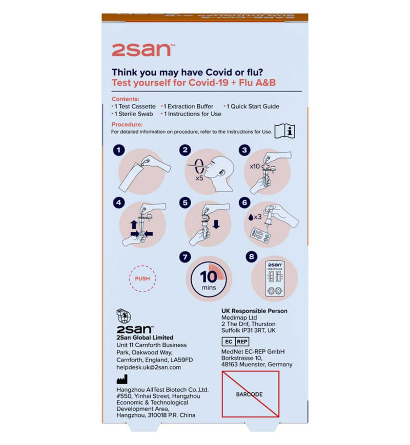 2San rapid test pack for Covid-19 and Flu A/B, UK version