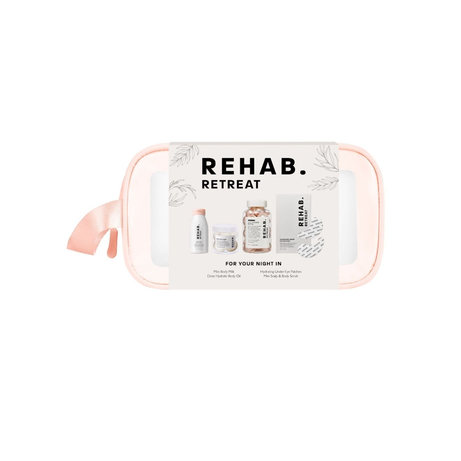 REHAB Retreat gift set with body milk, scrub, oil, and eye patches, UK version
