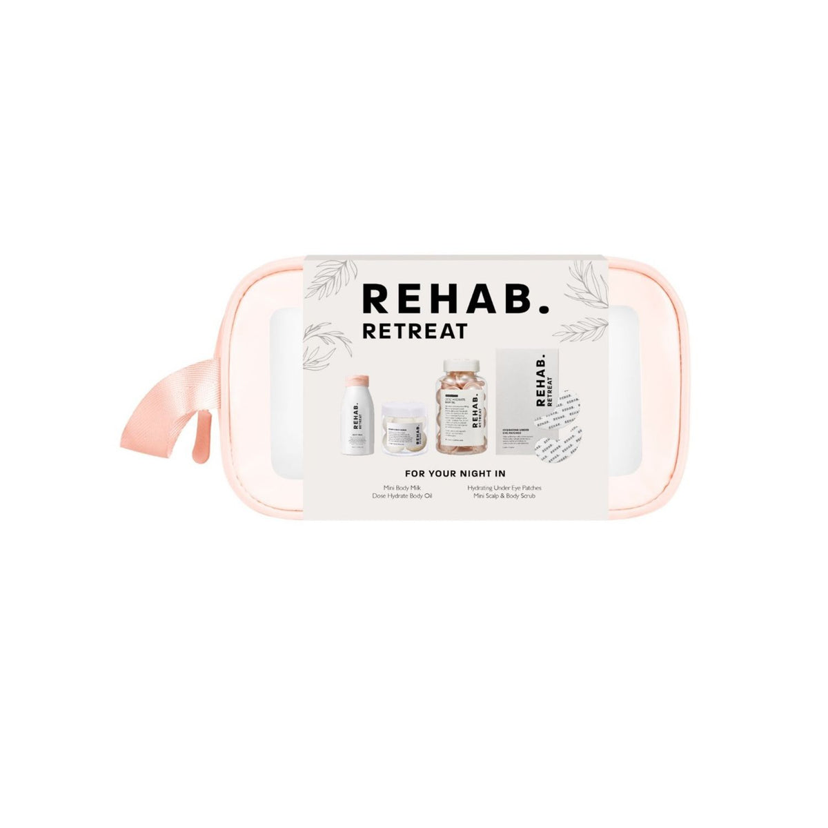 REHAB Retreat gift set with body milk, scrub, oil, and eye patches, UK version