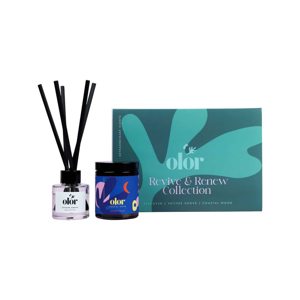 Olor Revive and Renew gift set candle and diffuser, British product