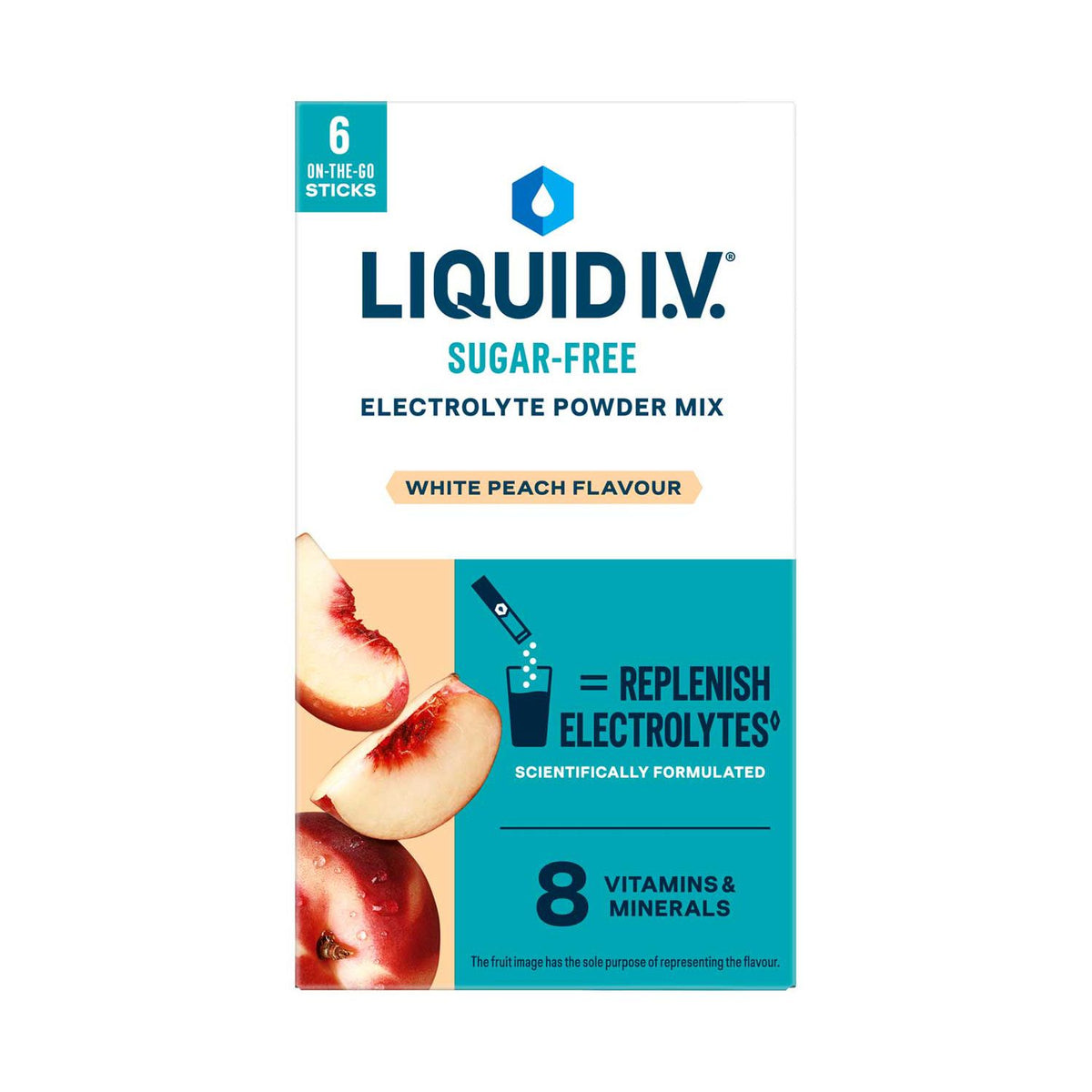 Liquid I.V. sugar free white peach electrolyte powder sachets, UK version