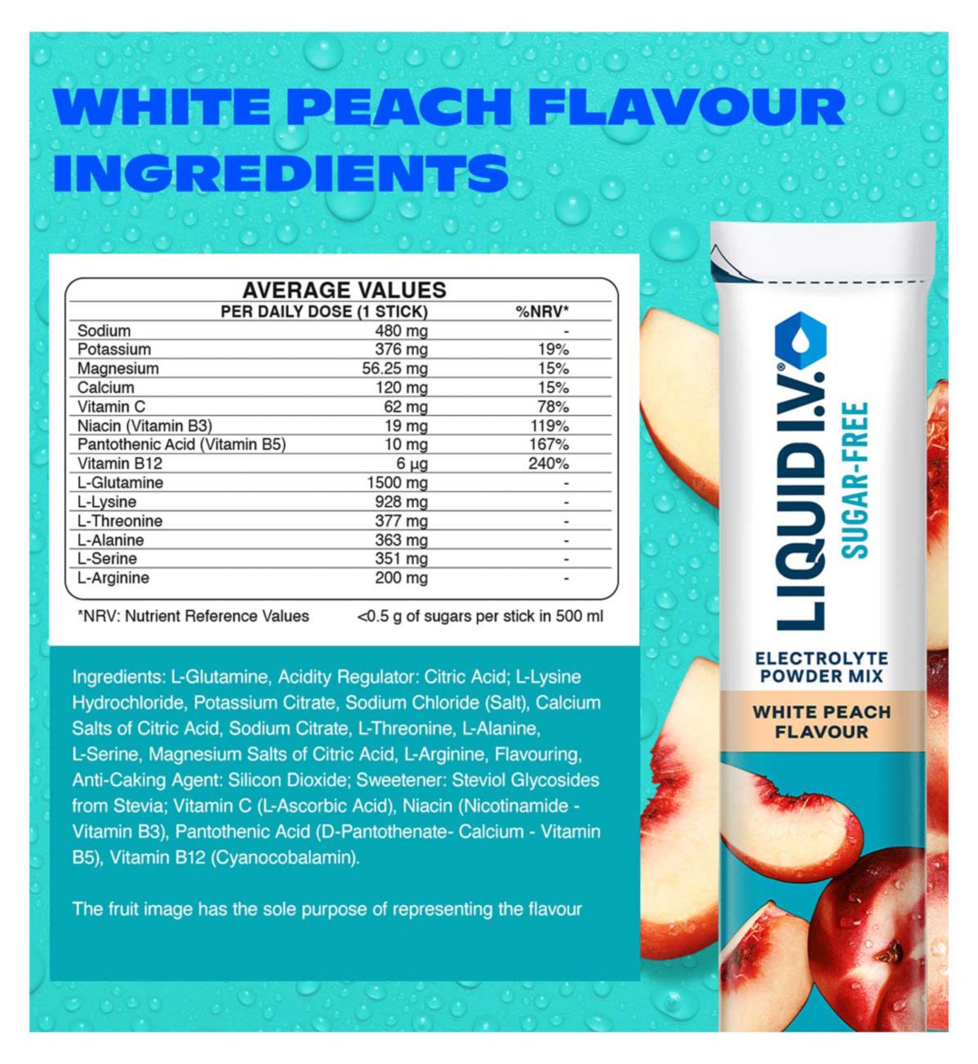 Liquid I.V. Sugar Free White Peach Electrolyte Powder 3 sachets (British brand)