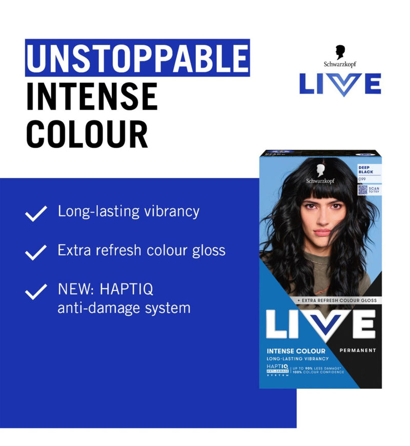Schwarzkopf LIVE permanent hair dye 099 Deep Black - British product