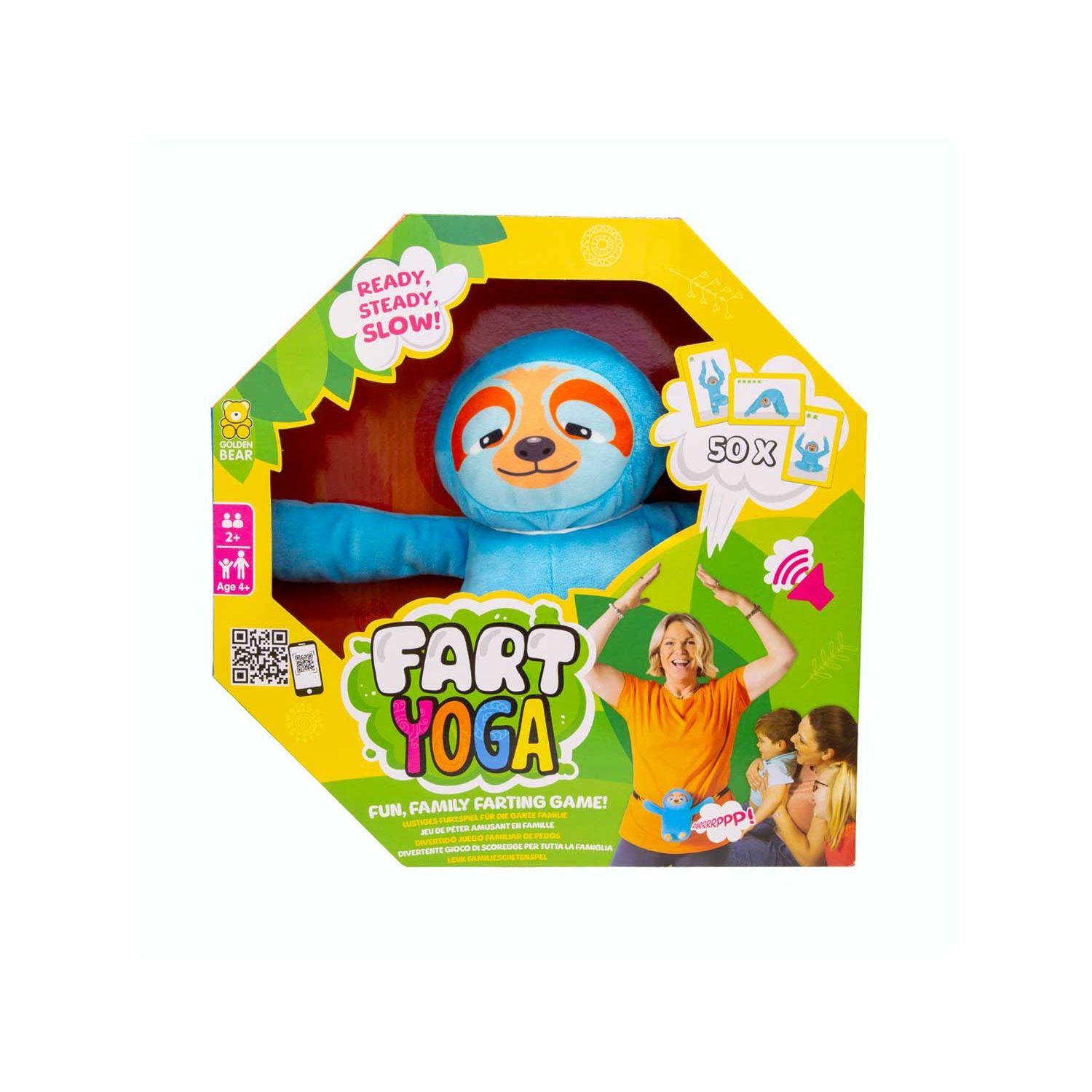 Golden Bear Fart Yoga game with farting sloth, UK version