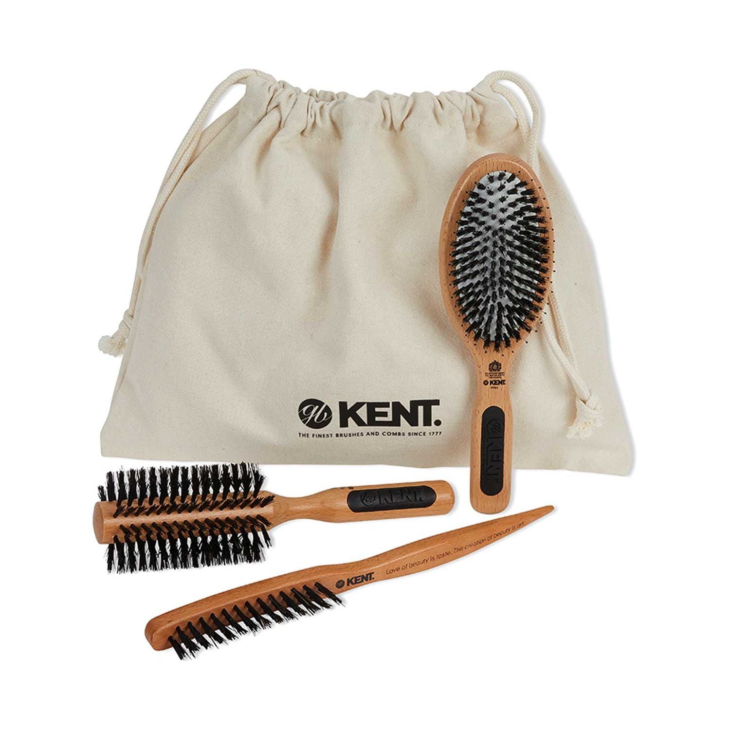 Kent Brushes hairbrush gift set with three brushes and bag - British product