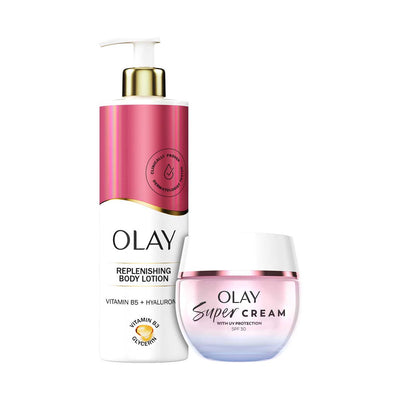 Boots Olay Hyaluronic Acid Body Lotion 500ml and Super Cream SPF30 50ml Bundle- Buy online at McGrocer
