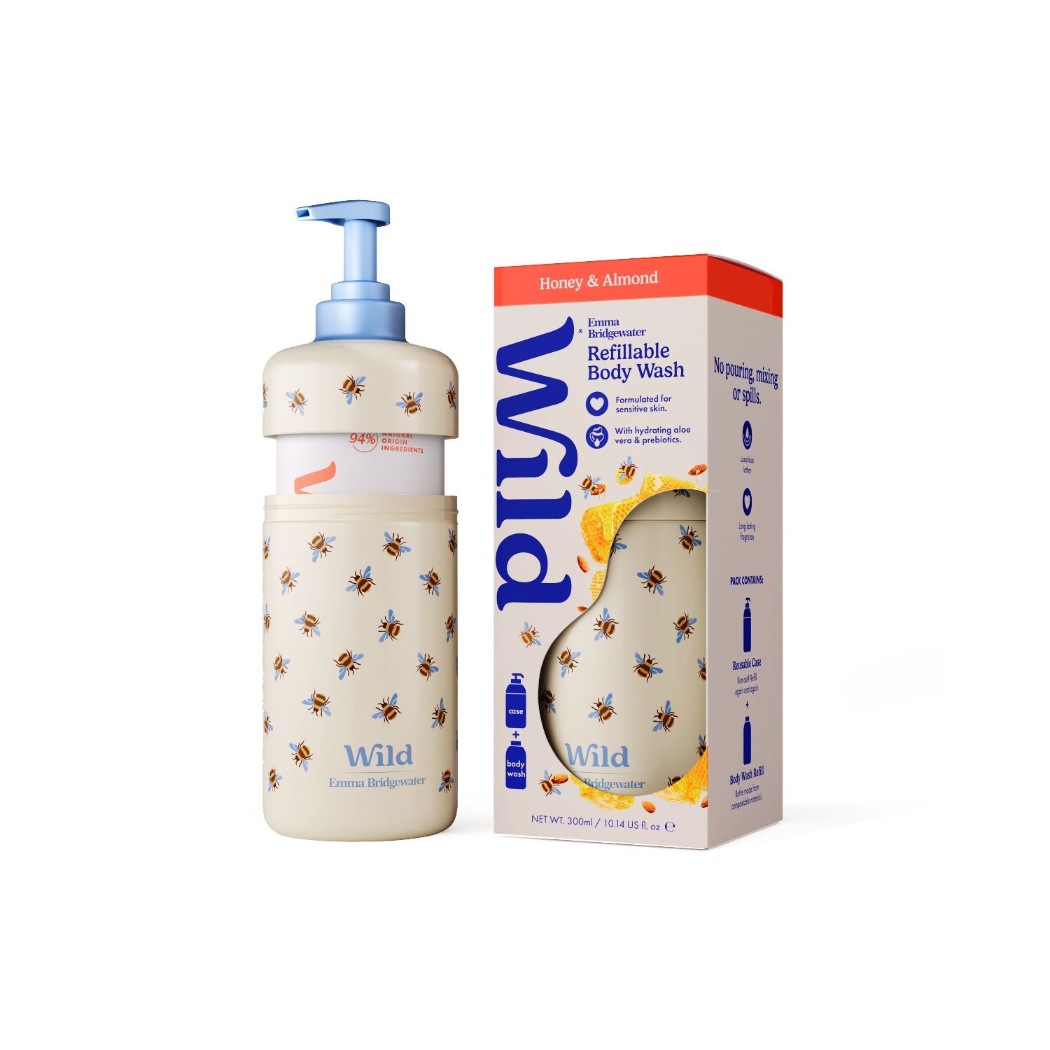 Wild Emma Bridgewater Bee body wash case with refill 300ml (British brand)