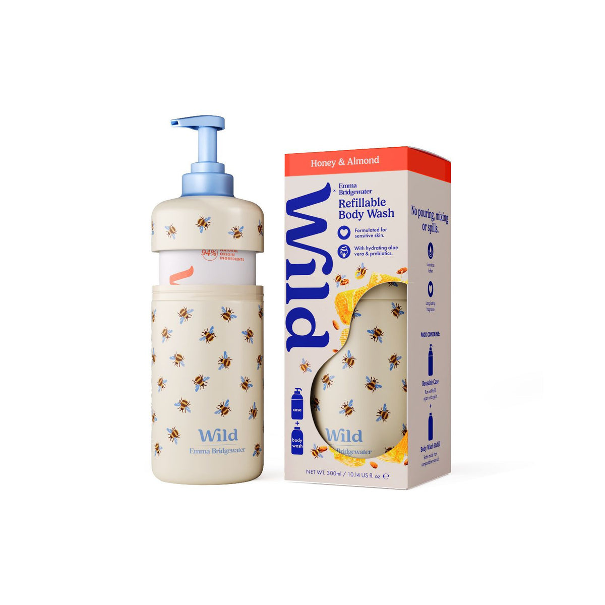 Wild Emma Bridgewater Bee body wash case with refill 300ml (British brand)