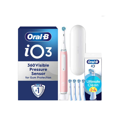 Boots Oral-B iO3 Blush Pink Electric Toothbrush + Travel Case & iO Ultimate Clean Toothbrush Heads 4 Pack Bundle- Buy online at McGrocer