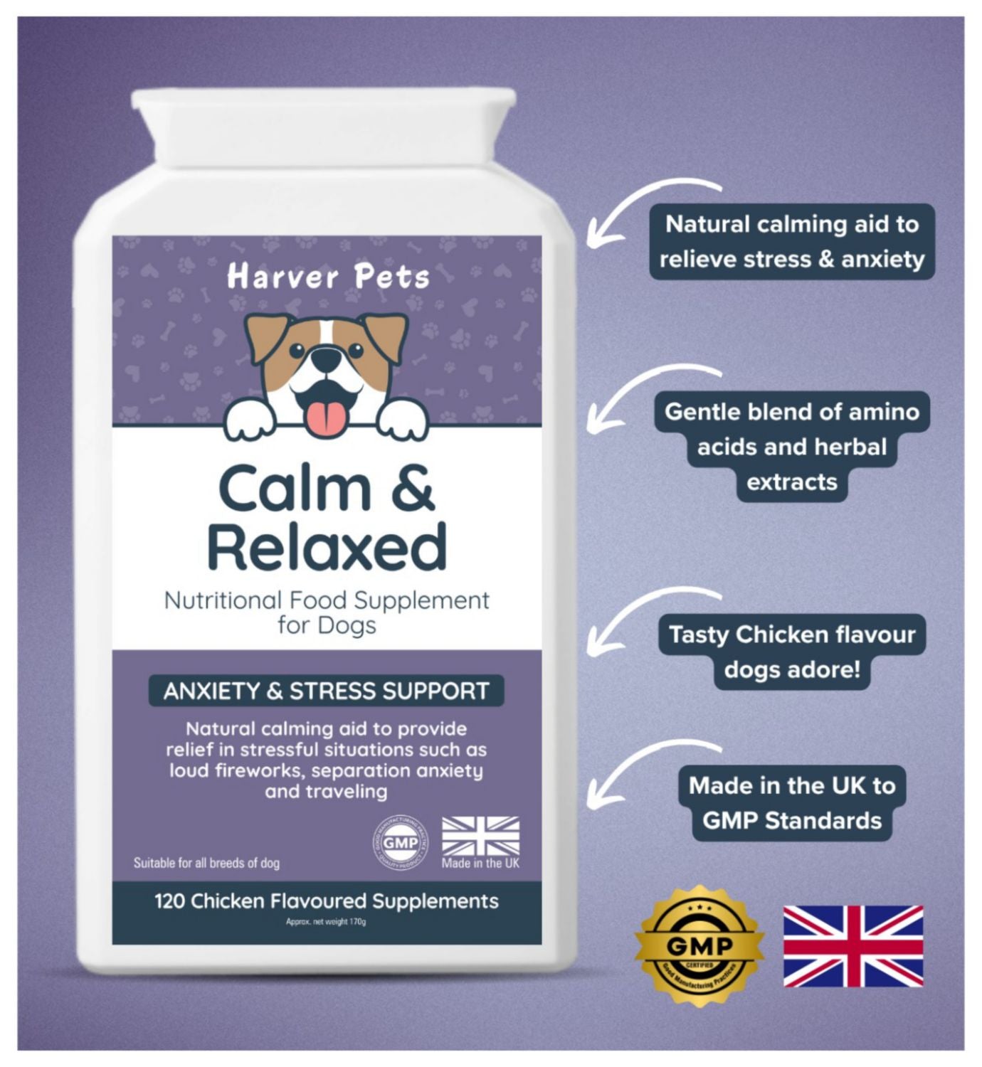 Harver Pets calm supplement chicken flavoured 120 tablets, UK version