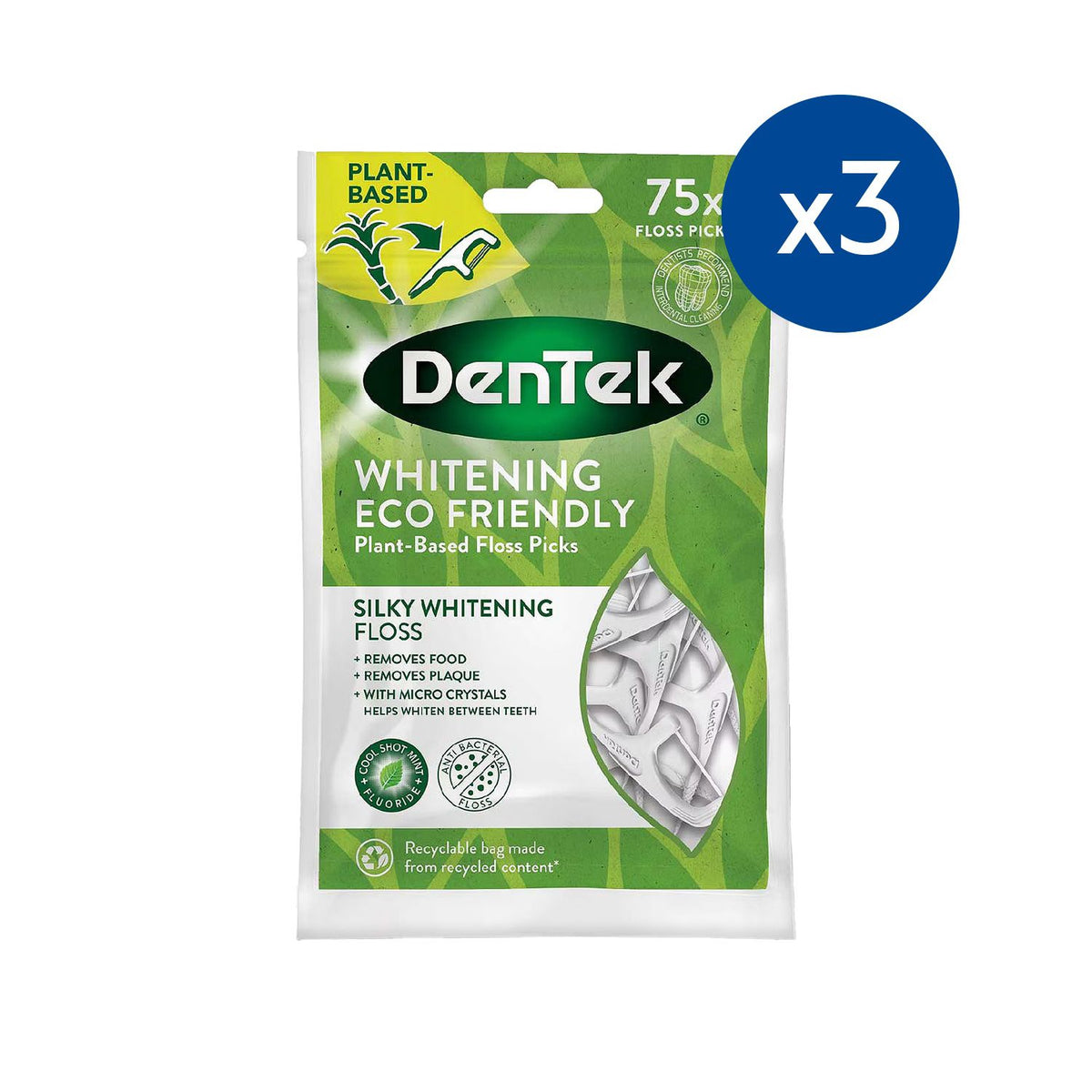 DenTek Whitening Floss Picks 3-pack 75 count, imported from the UK