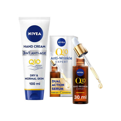 Boots NIVEA Q10 Anti-Wrinkle Expert Dual Action Serum 30ml and 3 in 1 Anti-Age Hand Cream 100ml Bundle- Buy online at McGrocer