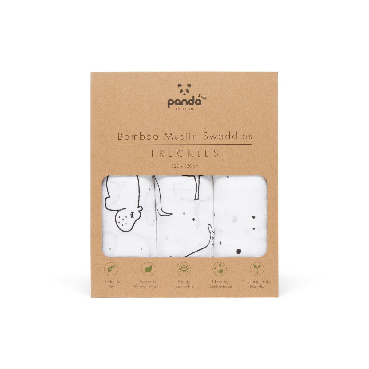 Panda Kids bamboo muslin swaddle Freckles 3 pack, imported from the UK