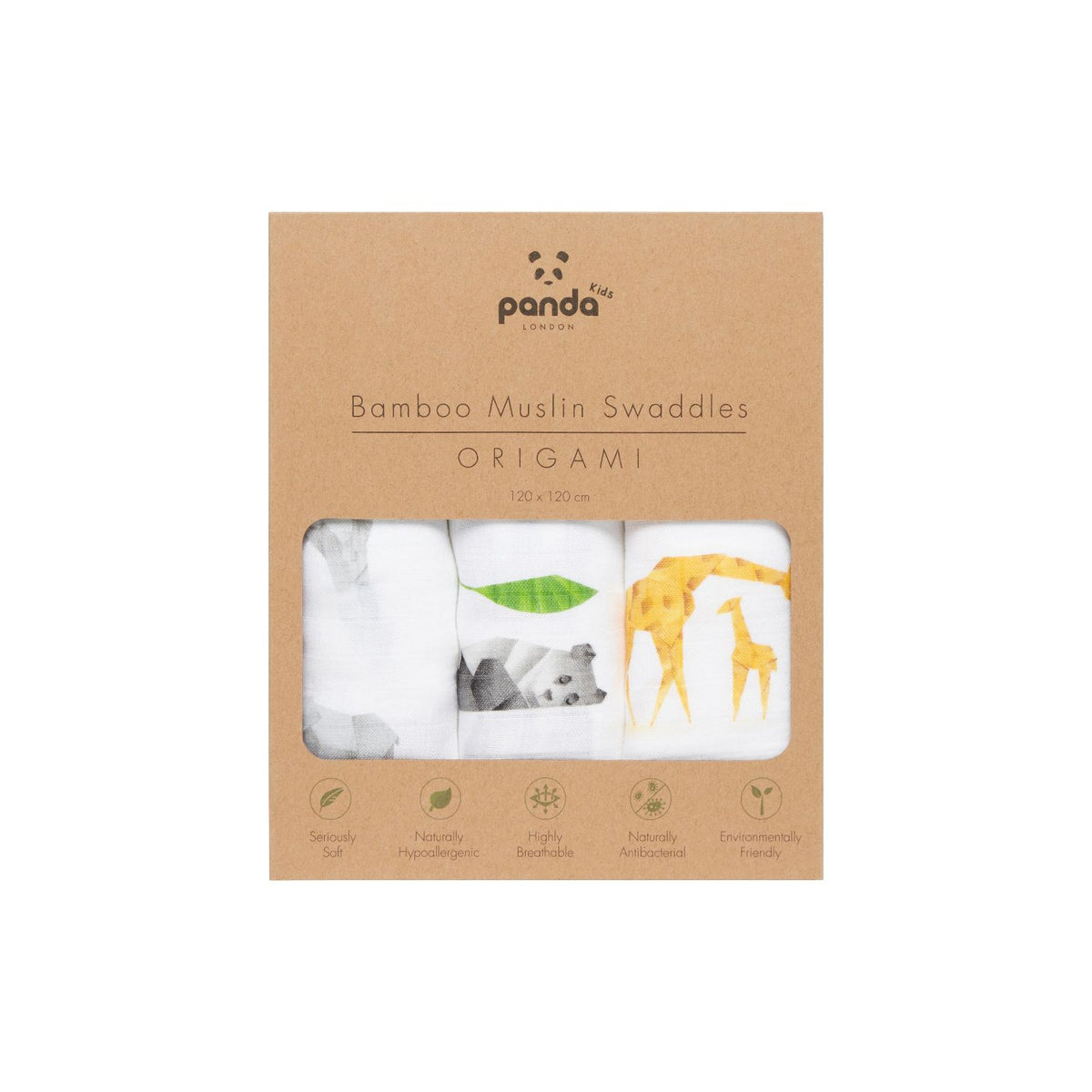 Panda bamboo muslin swaddles Origami 3 pack - British product