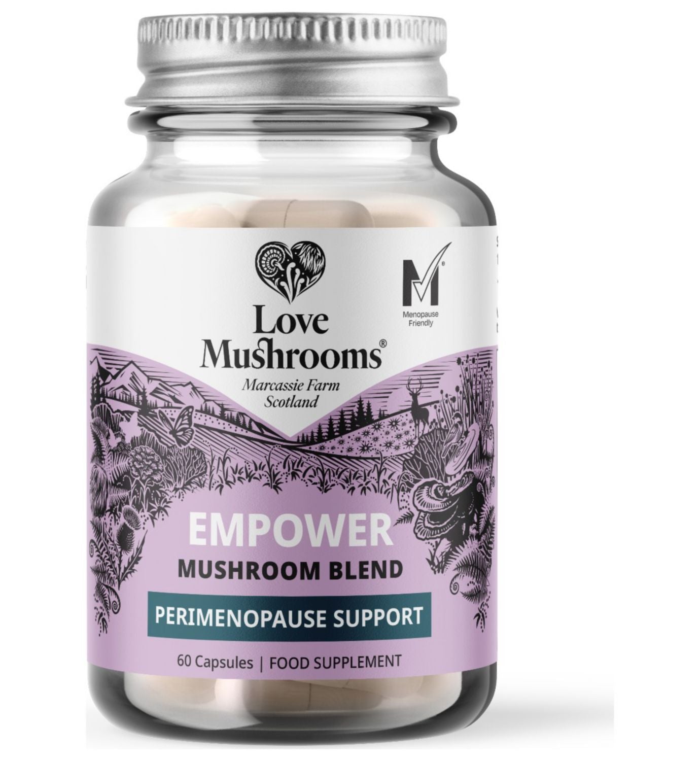 Love Mushrooms Perimenopause Support supplement 60 capsules, imported from the UK
