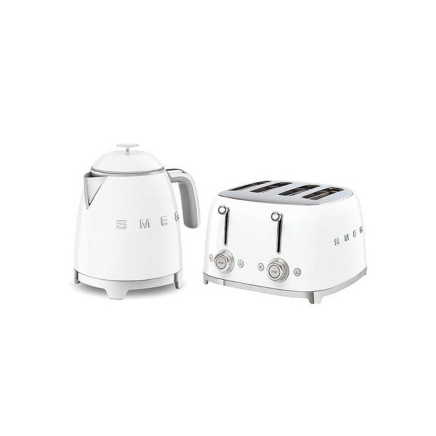 Smeg 50s style mini kettle and 4-slice toaster set in white, imported from the UK