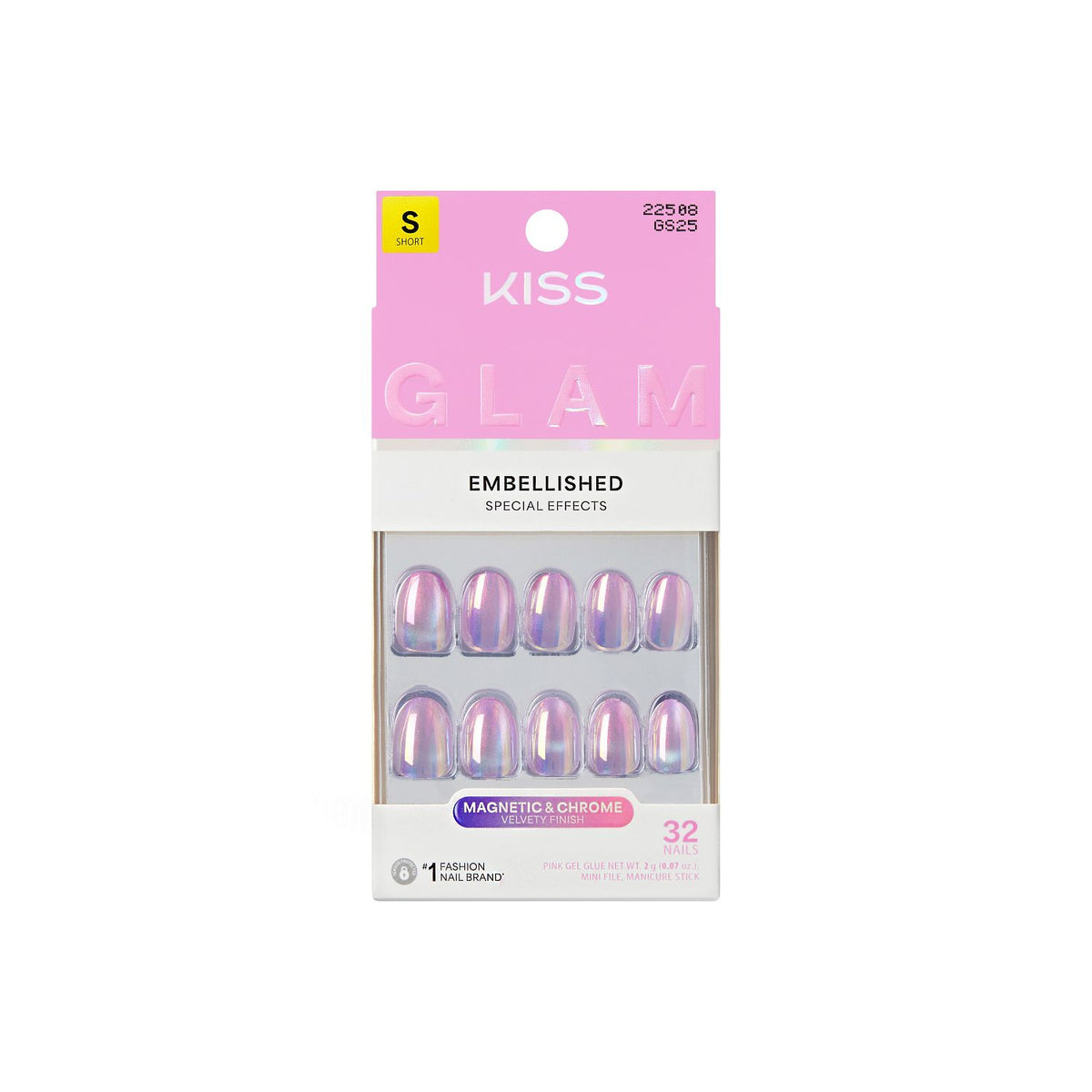 KISS Glam Shimmer press-on nails pink short round 32 count, imported from the UK