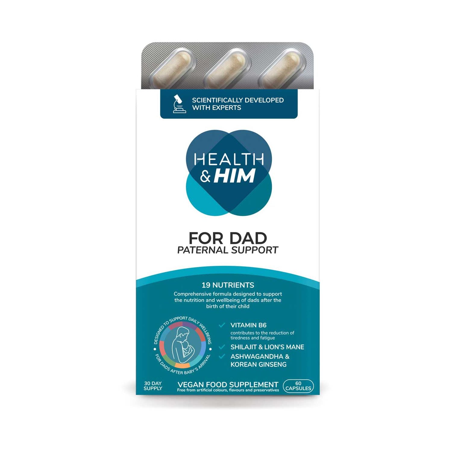 Health & Him For Dad Paternal Support supplement 60 capsules, imported from the UK