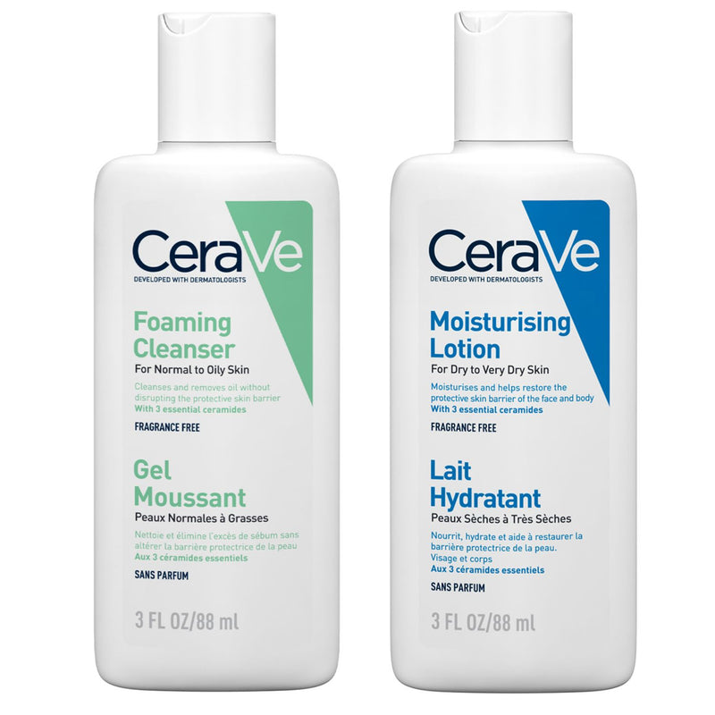 CeraVe travel-size skincare bundle foaming cleanser and lotion 88ml (British brand)