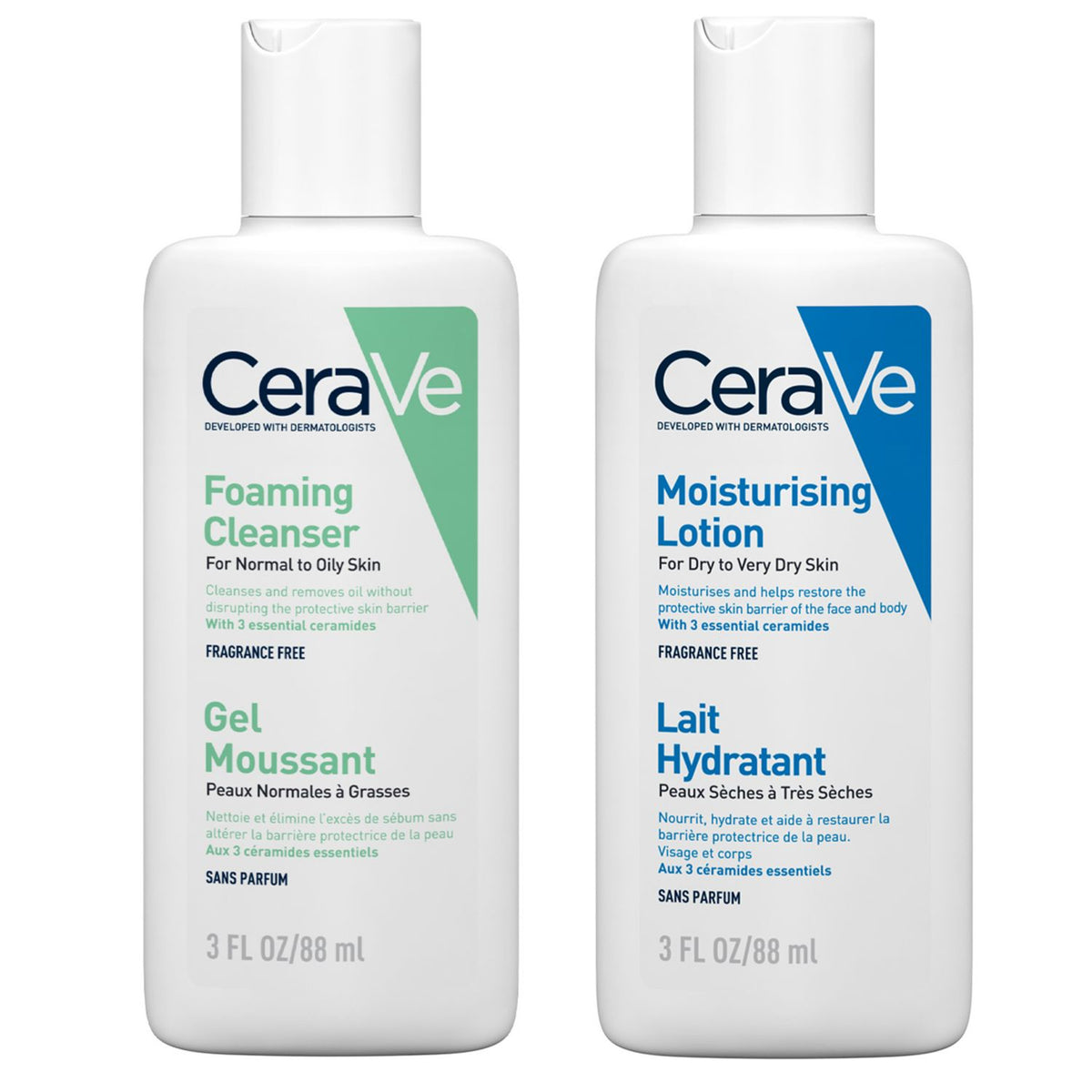 CeraVe travel-size skincare bundle foaming cleanser and lotion 88ml (British brand)