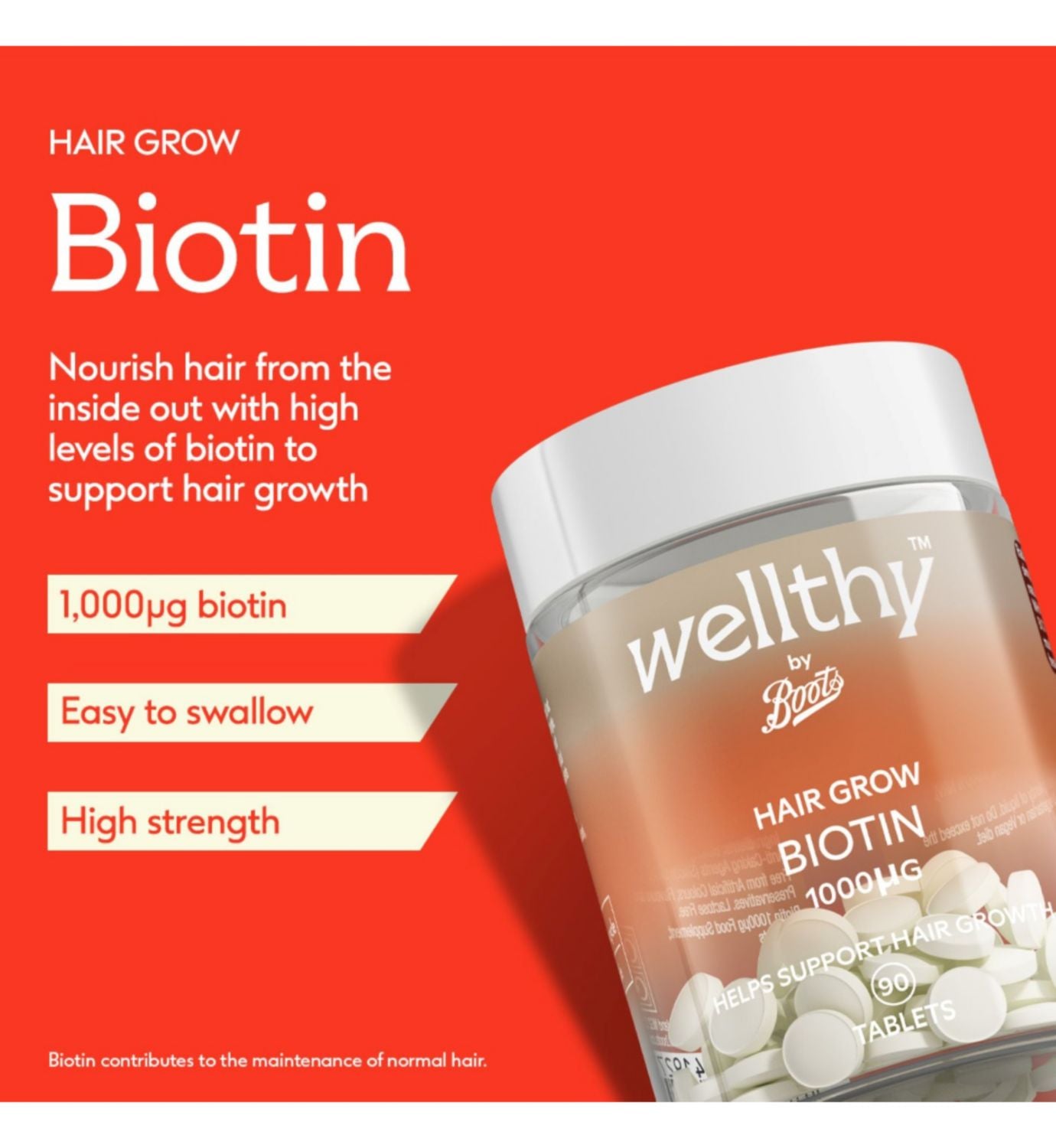 Wellthy Boots hair growth biotin supplement 1000µg 90 tablets (British brand)