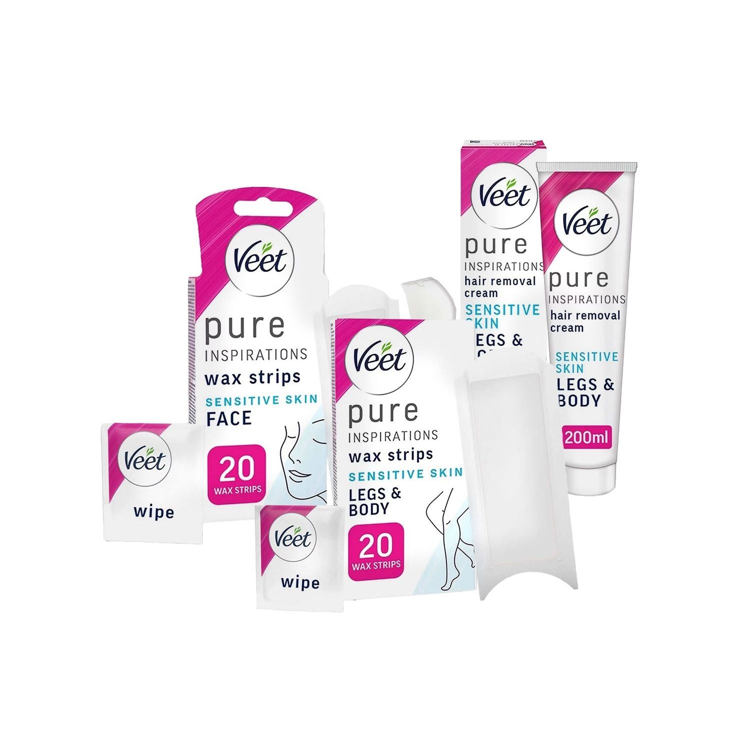 Veet Pure sensitive hair removal bundle cream and wax strips (British brand)