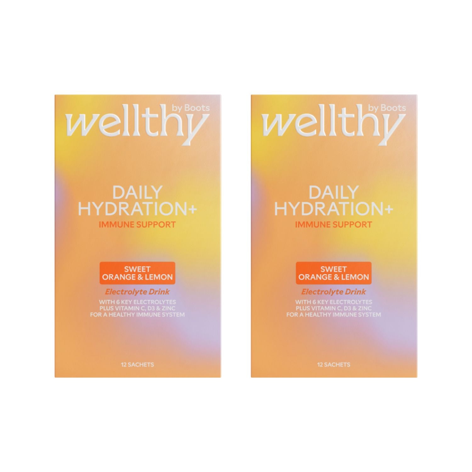 Wellthy by Boots electrolyte powder sweet orange lemon 24 sachets, UK version