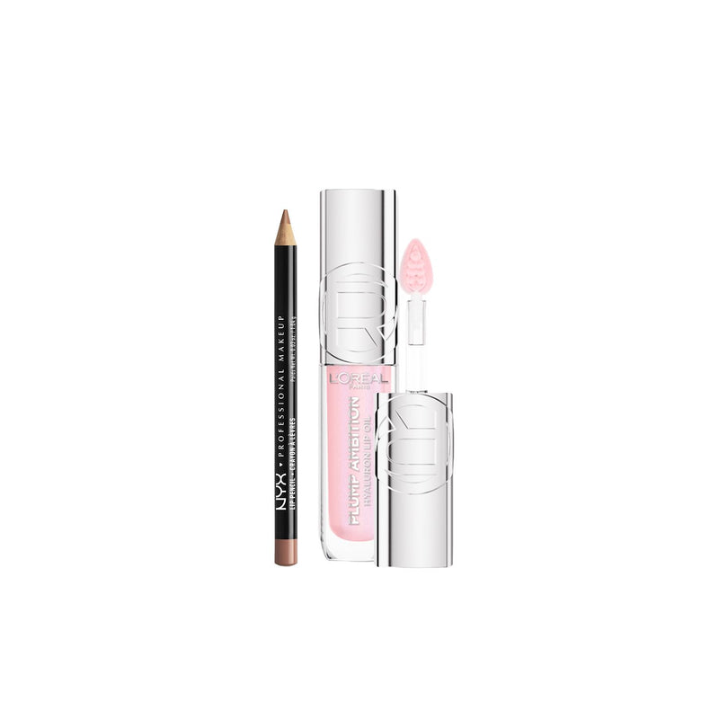 L'Oreal Plump Ambition lip oil and NYX Natural lip liner duo, imported from the UK