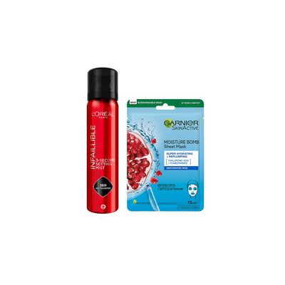 Boots L'Oreal Paris Infallible Setting Spray & Garnier Moisture Bomb Pomegranate Face Mask Duo- Buy online at McGrocer