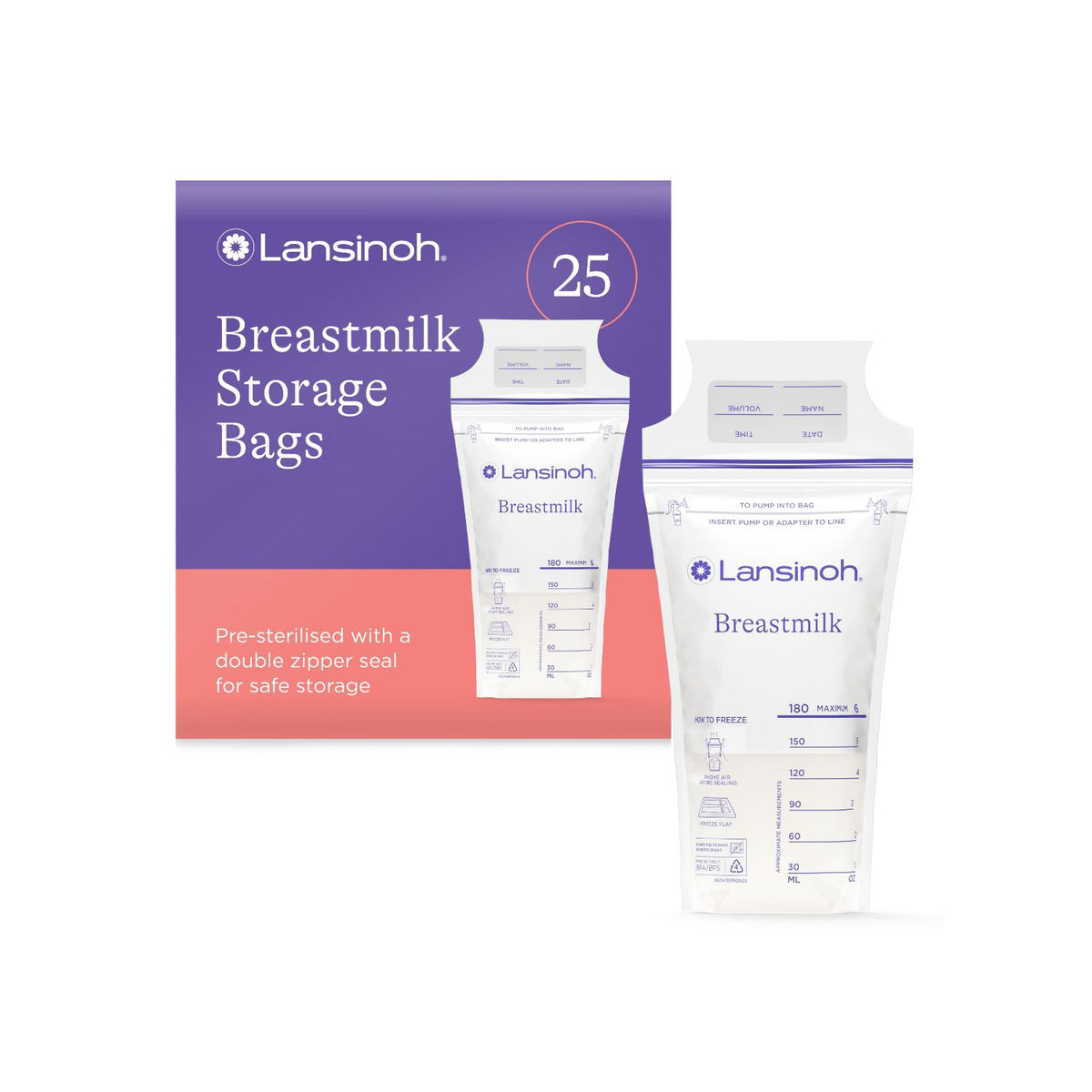 Lansinoh breastmilk storage bags 25 count, imported from the UK