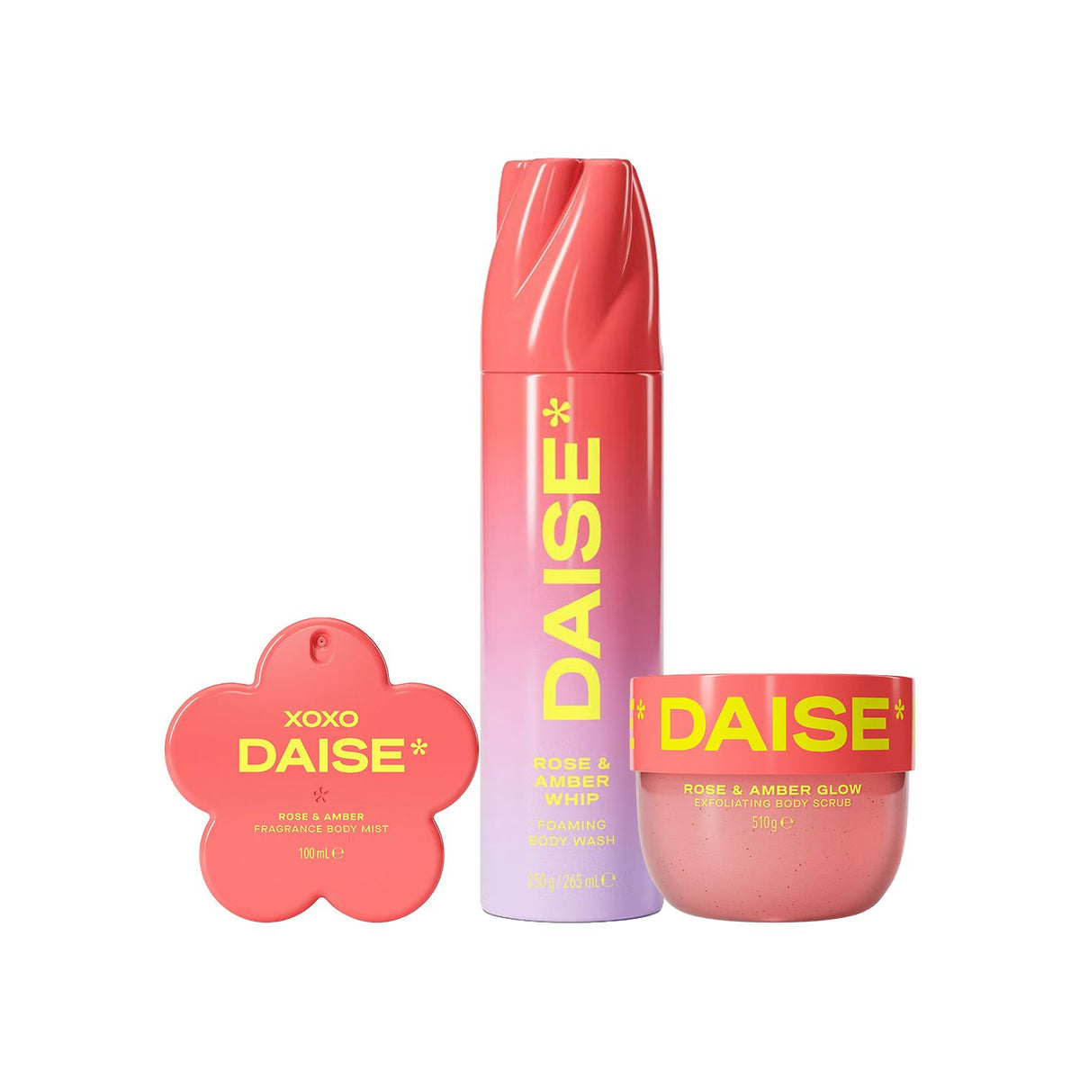 Daise XOXO Set beauty bundle with body wash scrub and mist, imported from the UK