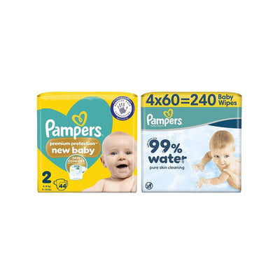 Boots Pampers Premium Protection New Baby Size 2 44 Nappies & Pampers 99% Water Baby Wipes Plastic Free 60 Wipes Bundle- Buy online at McGrocer