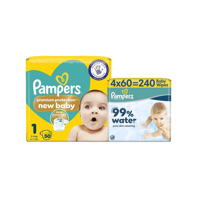 Boots Pampers Premium Protection New Baby Size 1 Nappies & 99% Water Baby Wipes Bundle (50+240)- Buy online at McGrocer