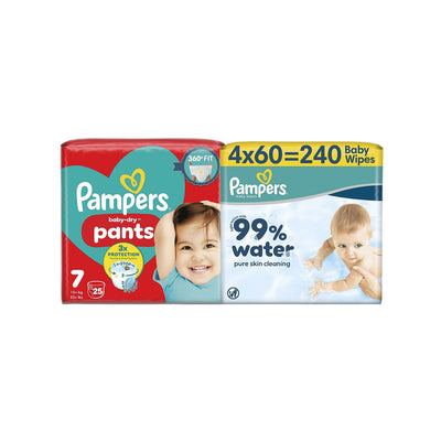 Boots Pampers Baby-Dry Nappy Pants Size 7 25 Nappies & 99% Water Baby Wipes Plastic Free 240 Wipes Bundle- Buy online at McGrocer