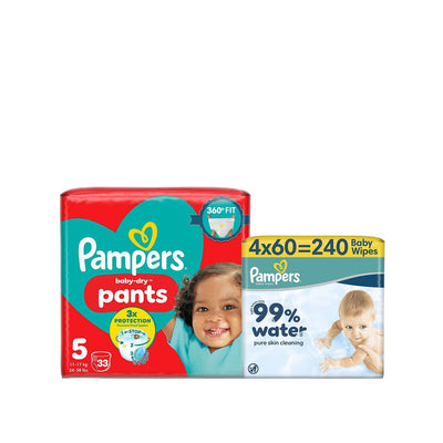 Boots Pampers Baby-Dry Nappy Pants Size 5 (12-17kg) with 240 Plastic Free Baby Wipes Bundle- Buy online at McGrocer